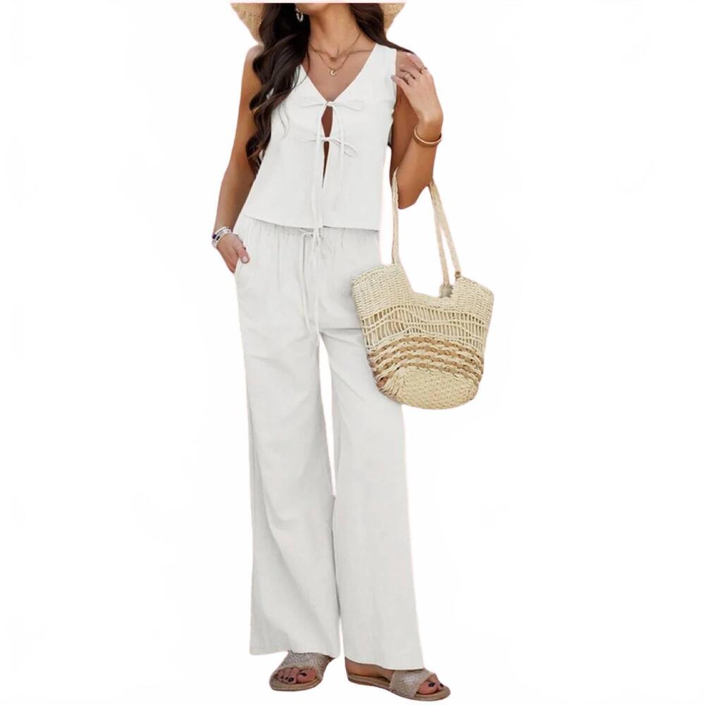 NEW CORE IN FASHION ansy tie-front wide leg pant set in white